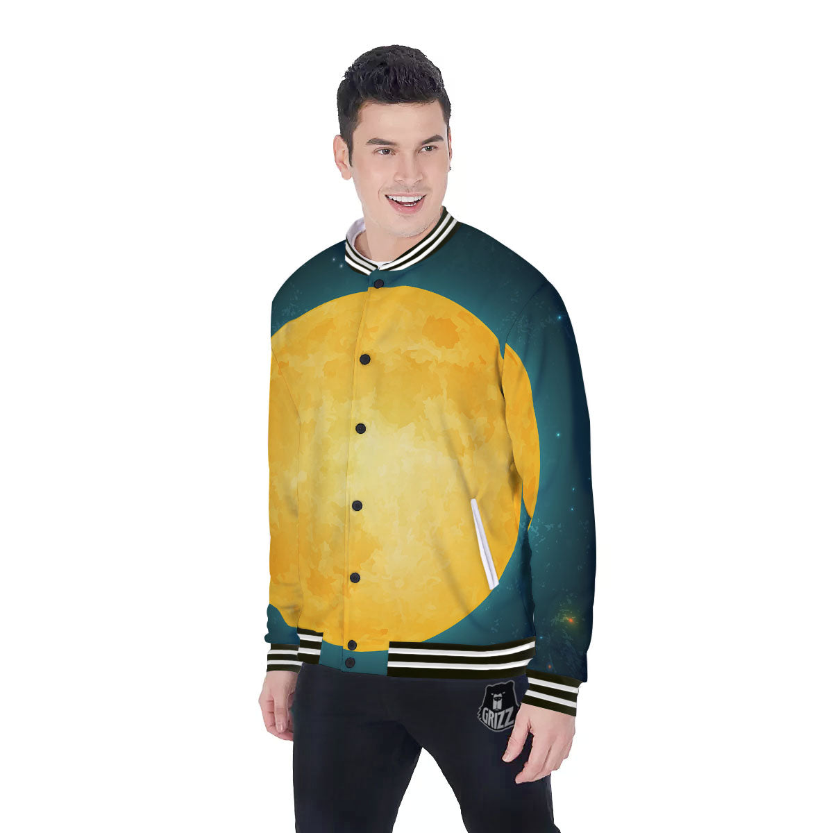 Full Moon Yellow Print Baseball Jacket-grizzshop
