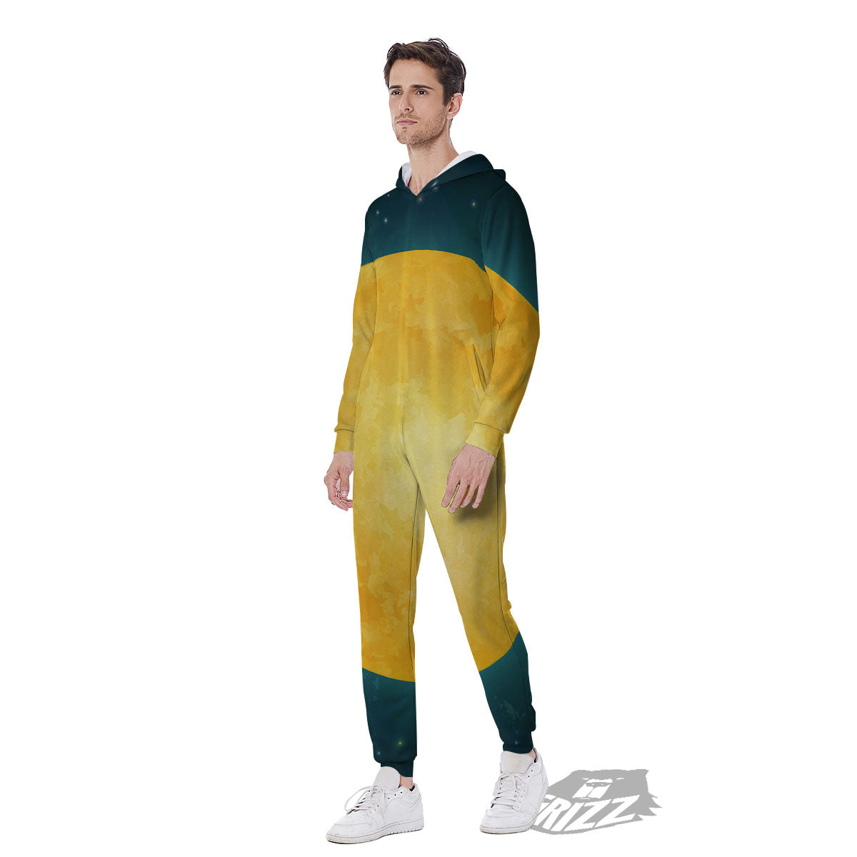 Full Moon Yellow Print Men's Jumpsuit-grizzshop