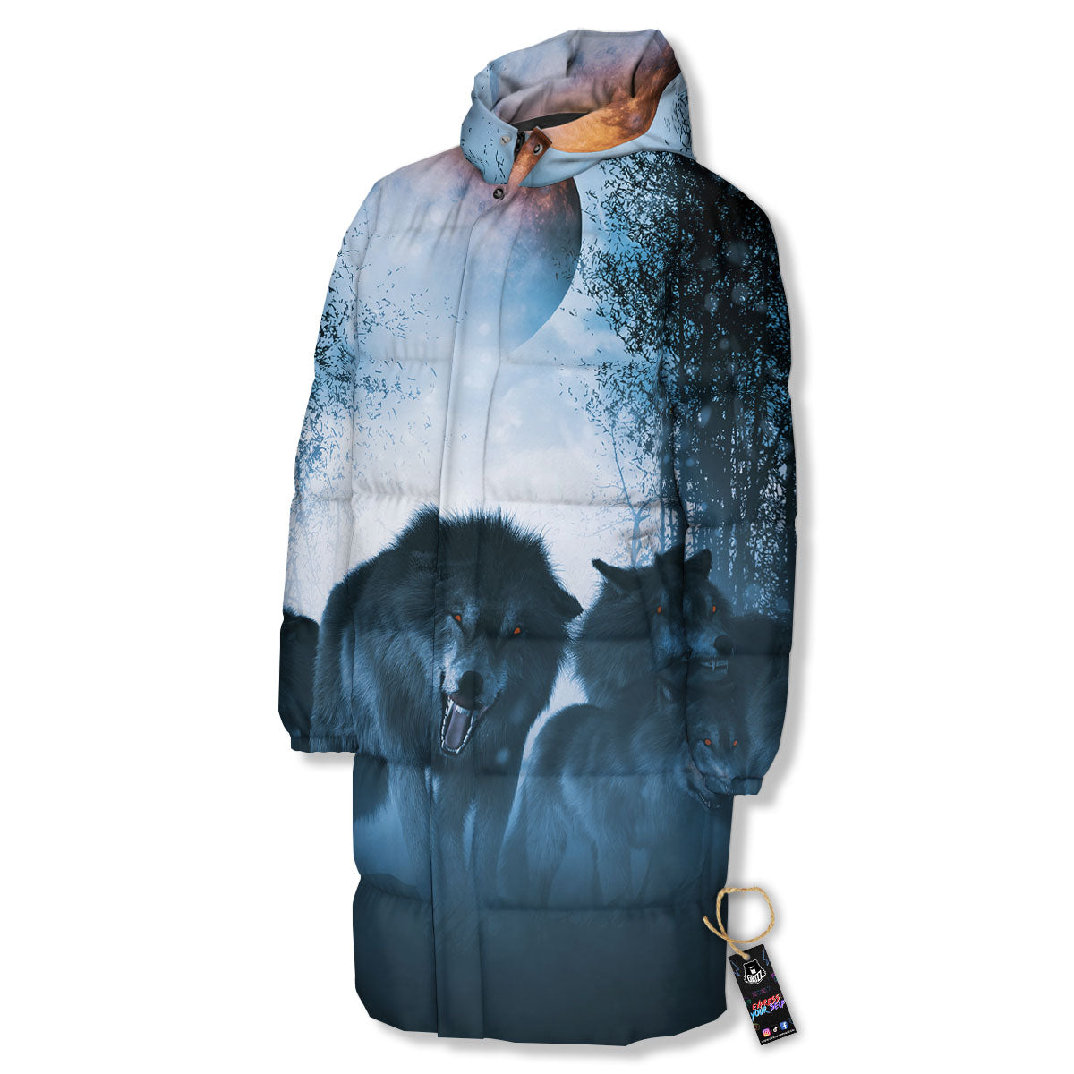 Full Moon And Wolf In The Forest Print Long Down Jacket