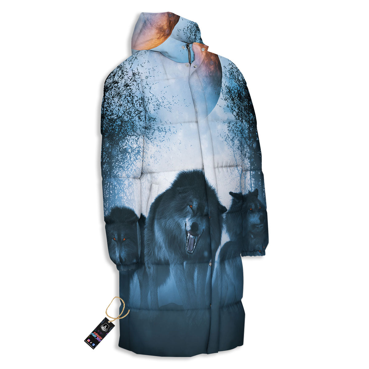 Full Moon And Wolf In The Forest Print Long Down Jacket