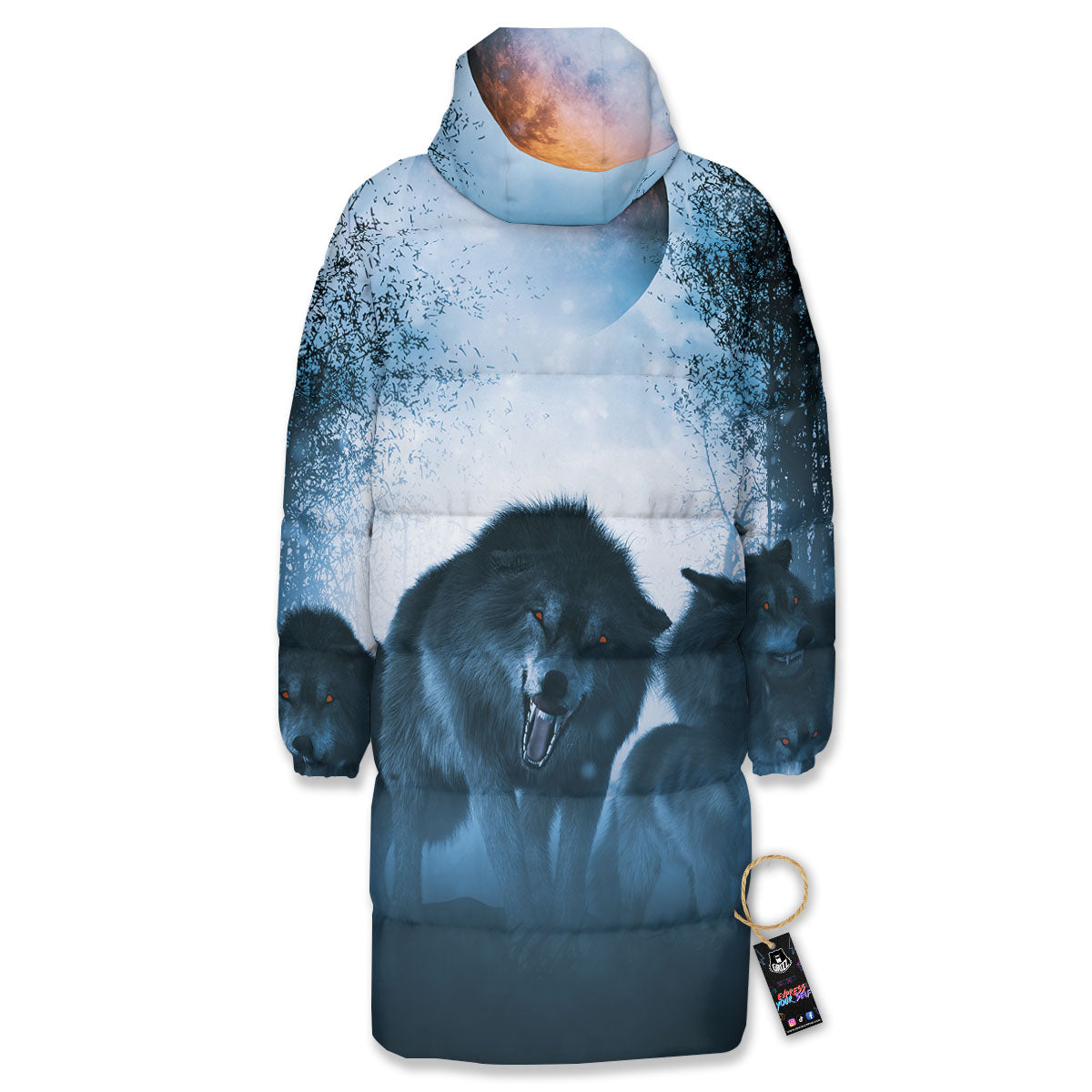 Full Moon And Wolf In The Forest Print Long Down Jacket