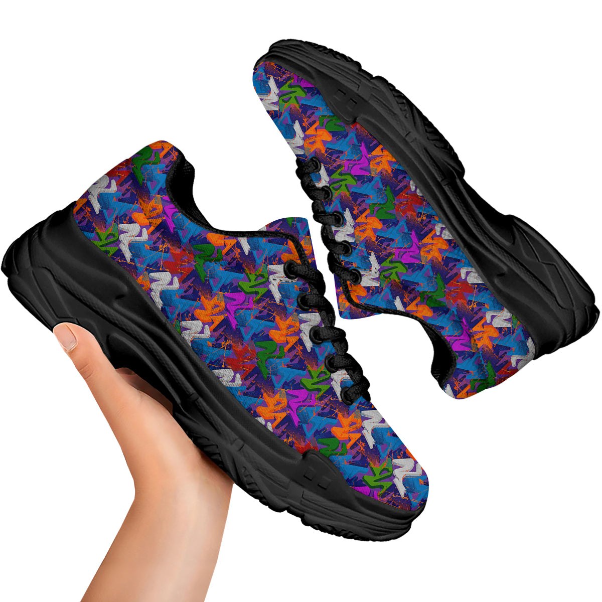 Funky Abstract Print Pattern Black Chunky Shoes-grizzshop