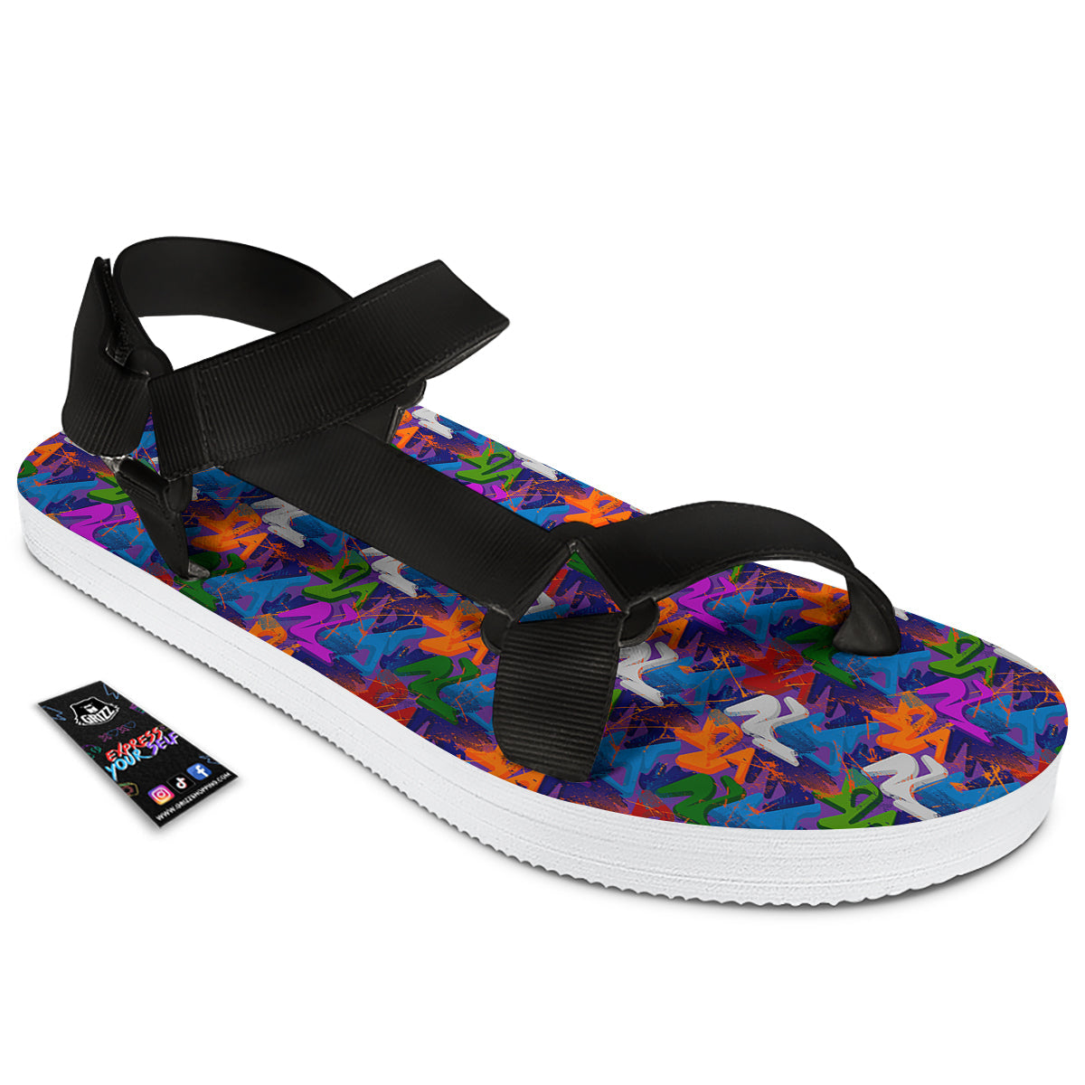 Funky Abstract Print Pattern Black Open Toe Sandals-grizzshop