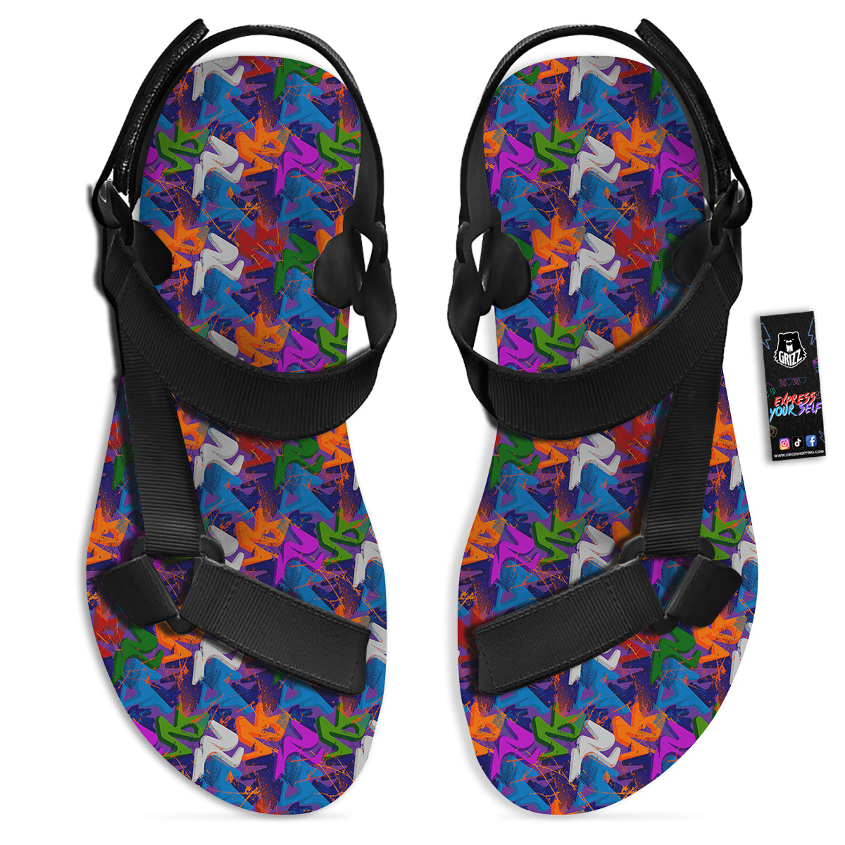 Funky Abstract Print Pattern Black Open Toe Sandals-grizzshop