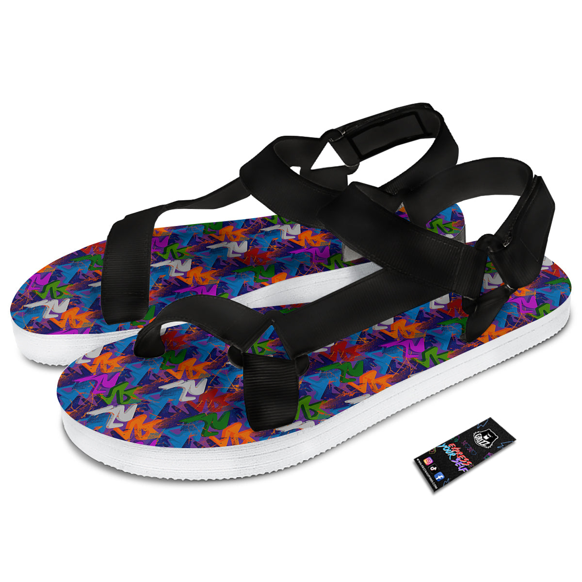 Funky Abstract Print Pattern Black Open Toe Sandals-grizzshop