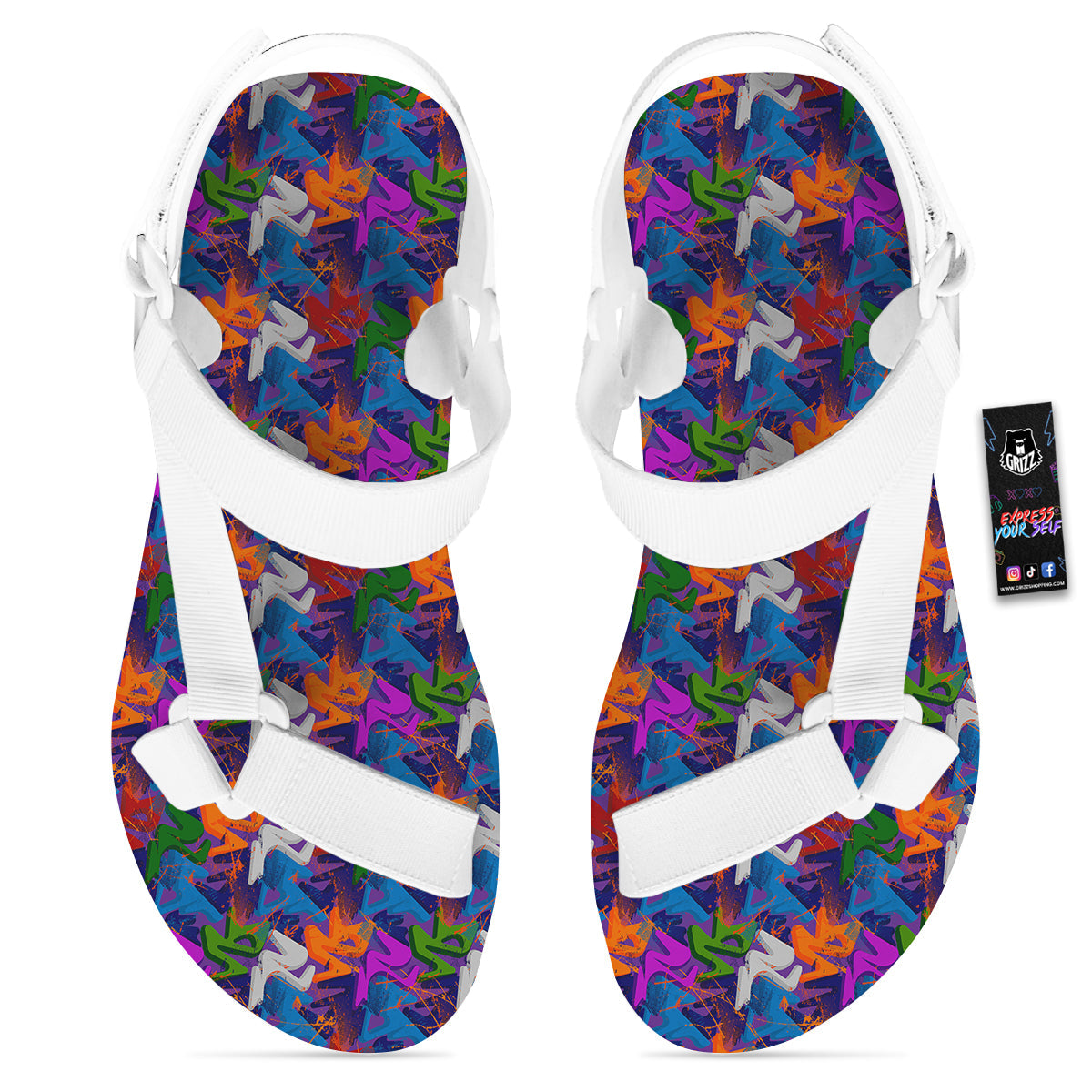 Funky Abstract Print Pattern White Open Toe Sandals-grizzshop