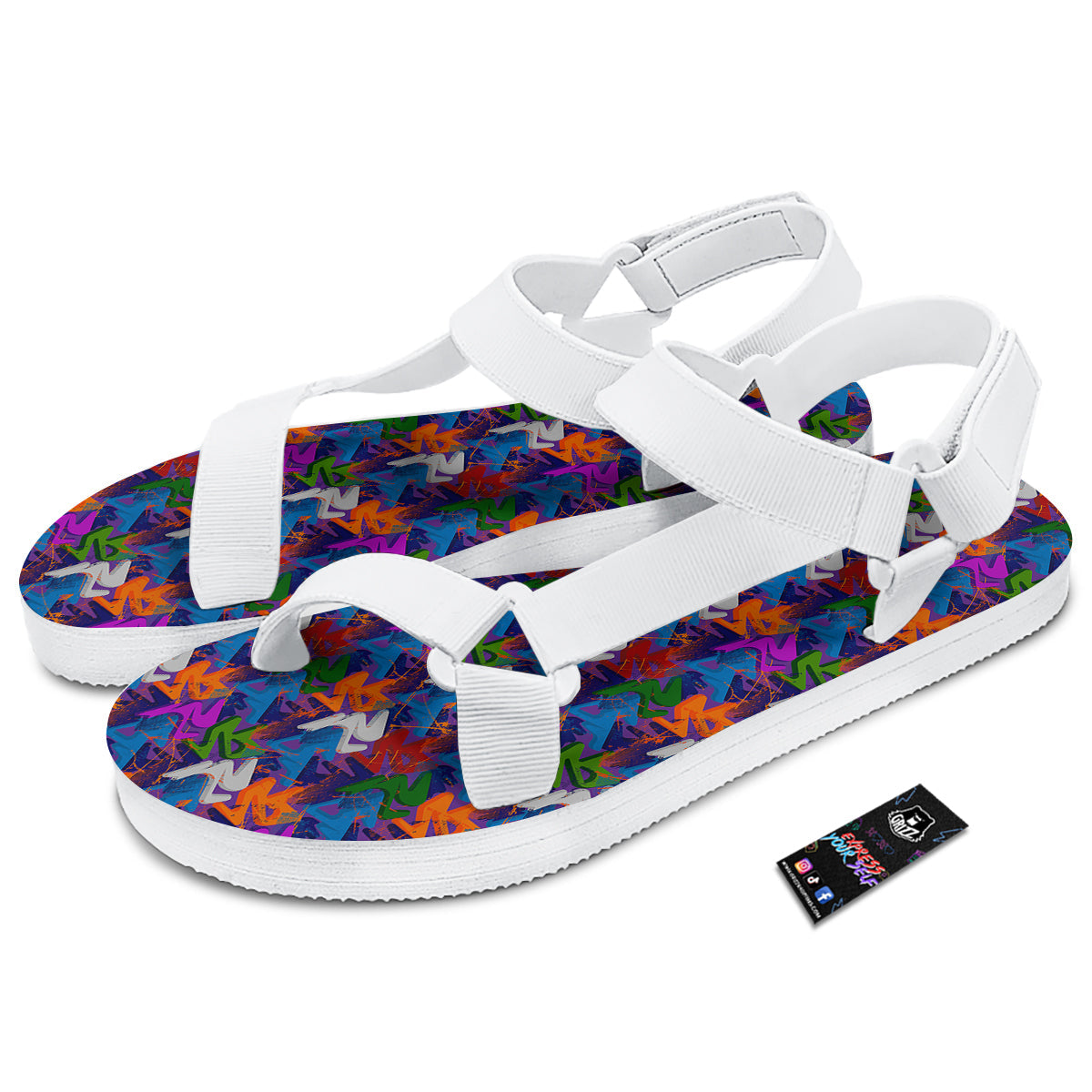 Funky Abstract Print Pattern White Open Toe Sandals-grizzshop