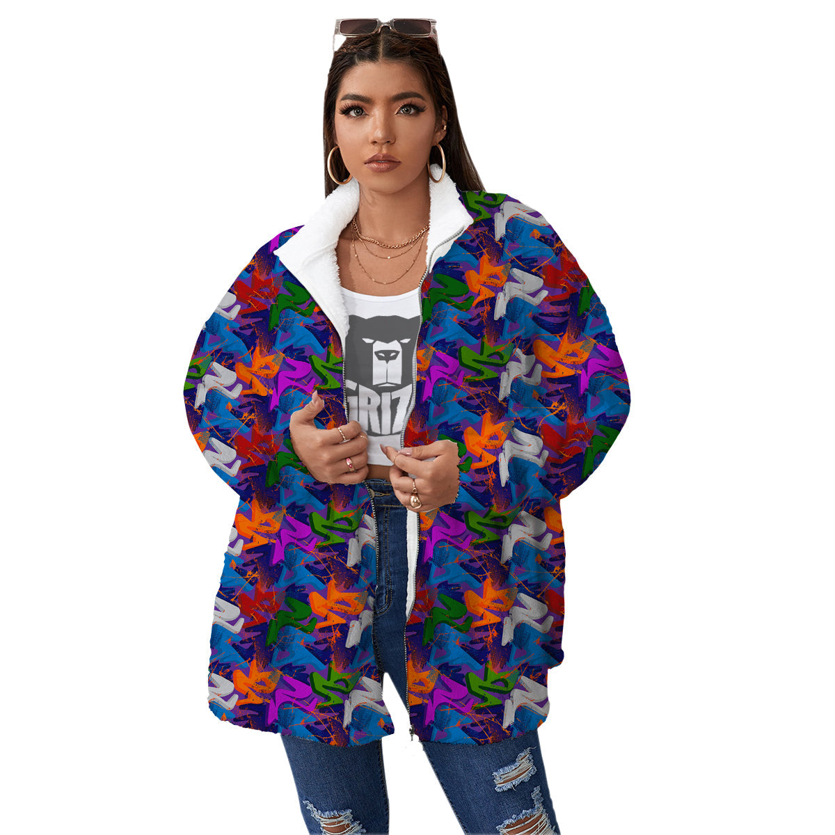Funky Abstract Print Pattern Women's Sherpa Jacket-grizzshop
