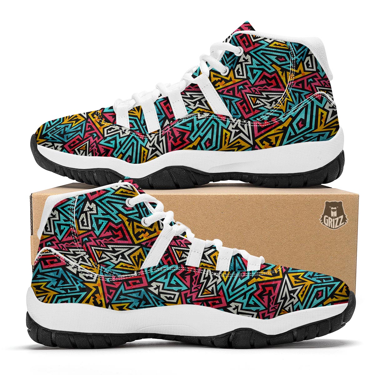 Funky Print Pattern White Bball Shoes-grizzshop