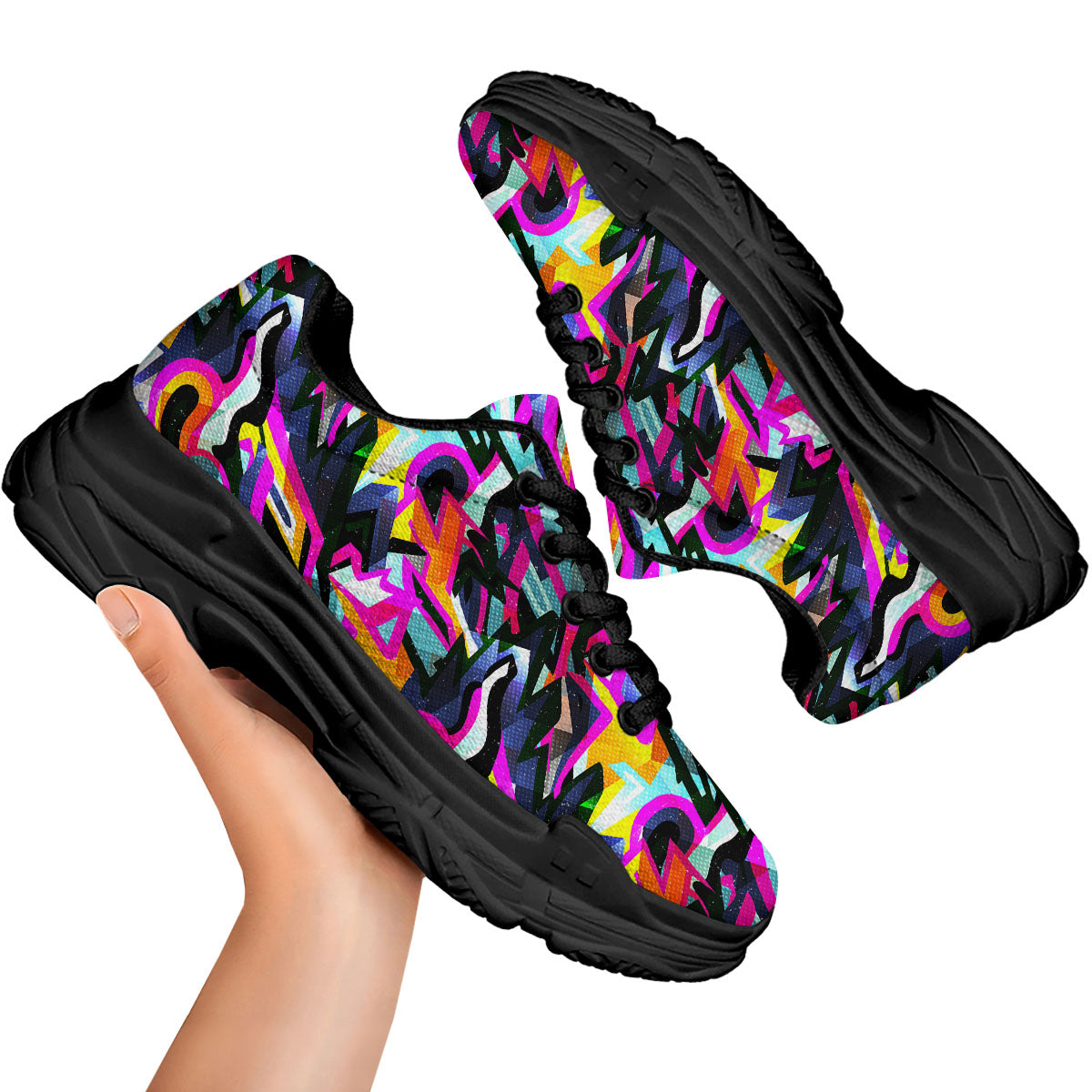 Funky Psychedelic Print Pattern Black Chunky Shoes-grizzshop