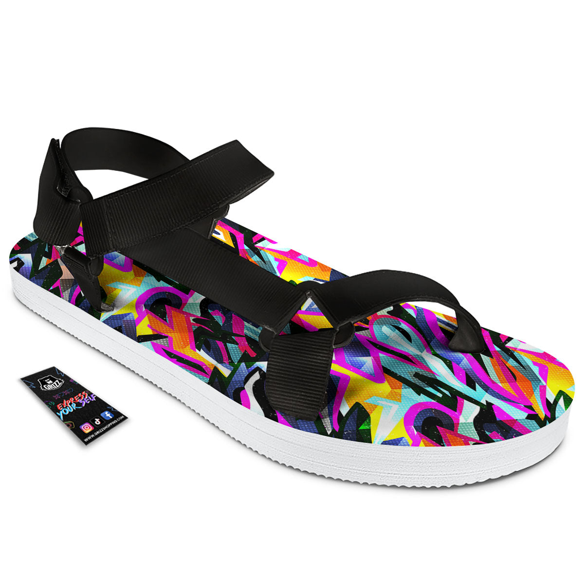 Funky Psychedelic Print Pattern Black Open Toe Sandals-grizzshop
