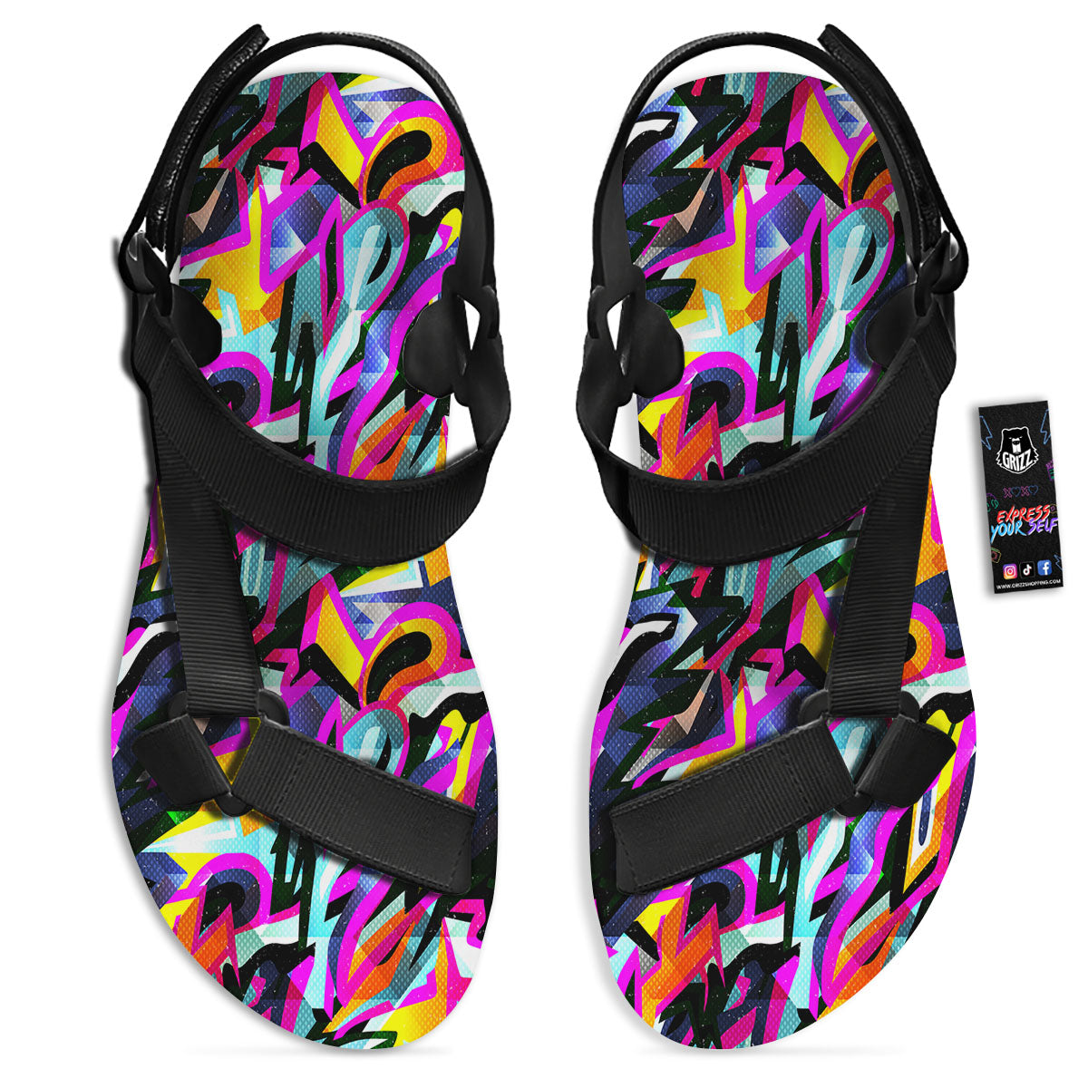 Funky Psychedelic Print Pattern Black Open Toe Sandals-grizzshop