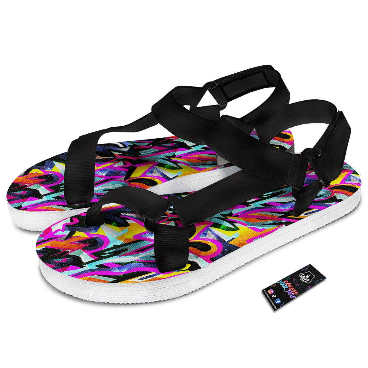 Funky Psychedelic Print Pattern Black Open Toe Sandals-grizzshop