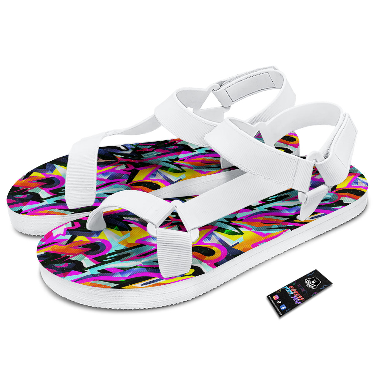 Funky Psychedelic Print Pattern White Open Toe Sandals-grizzshop