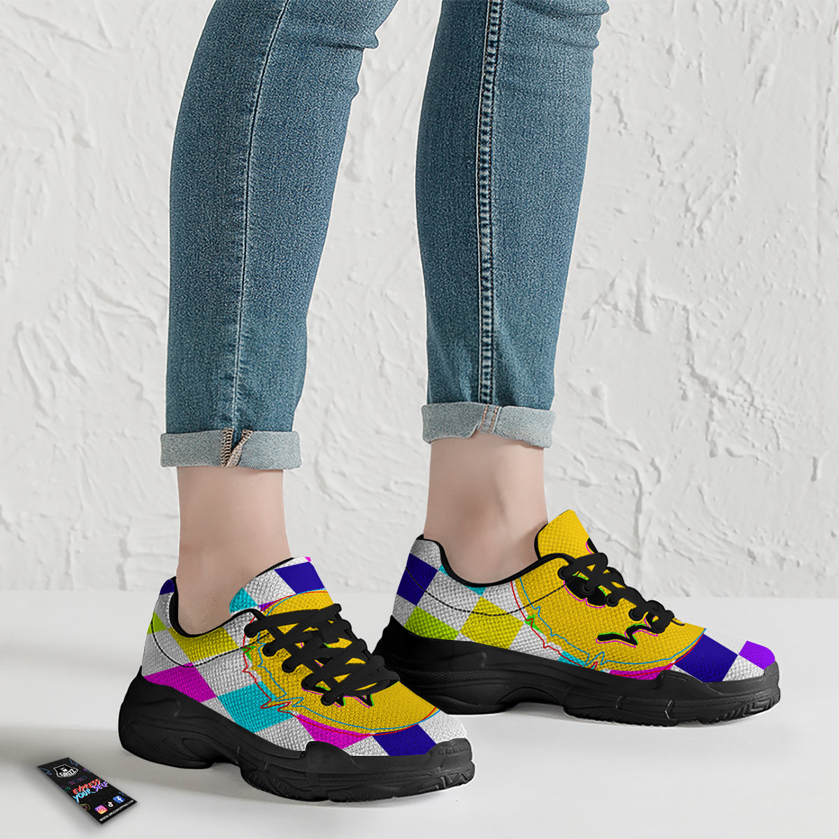 Funny Crazy Glitch And Checkered Neon Print Black Chunky Shoes-grizzshop