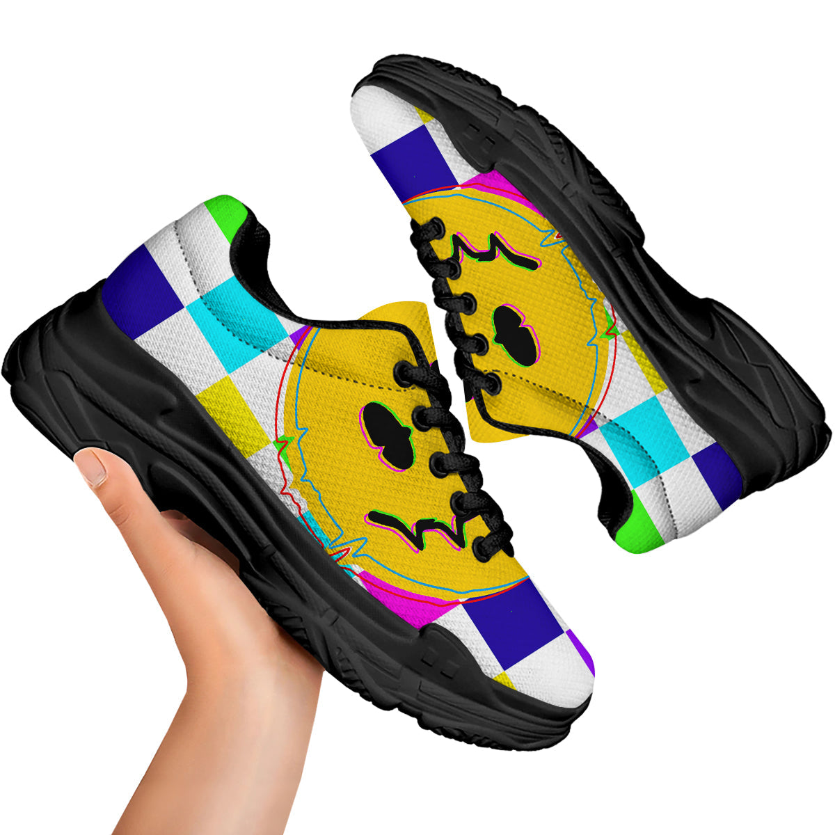 Funny Crazy Glitch And Checkered Neon Print Black Chunky Shoes-grizzshop