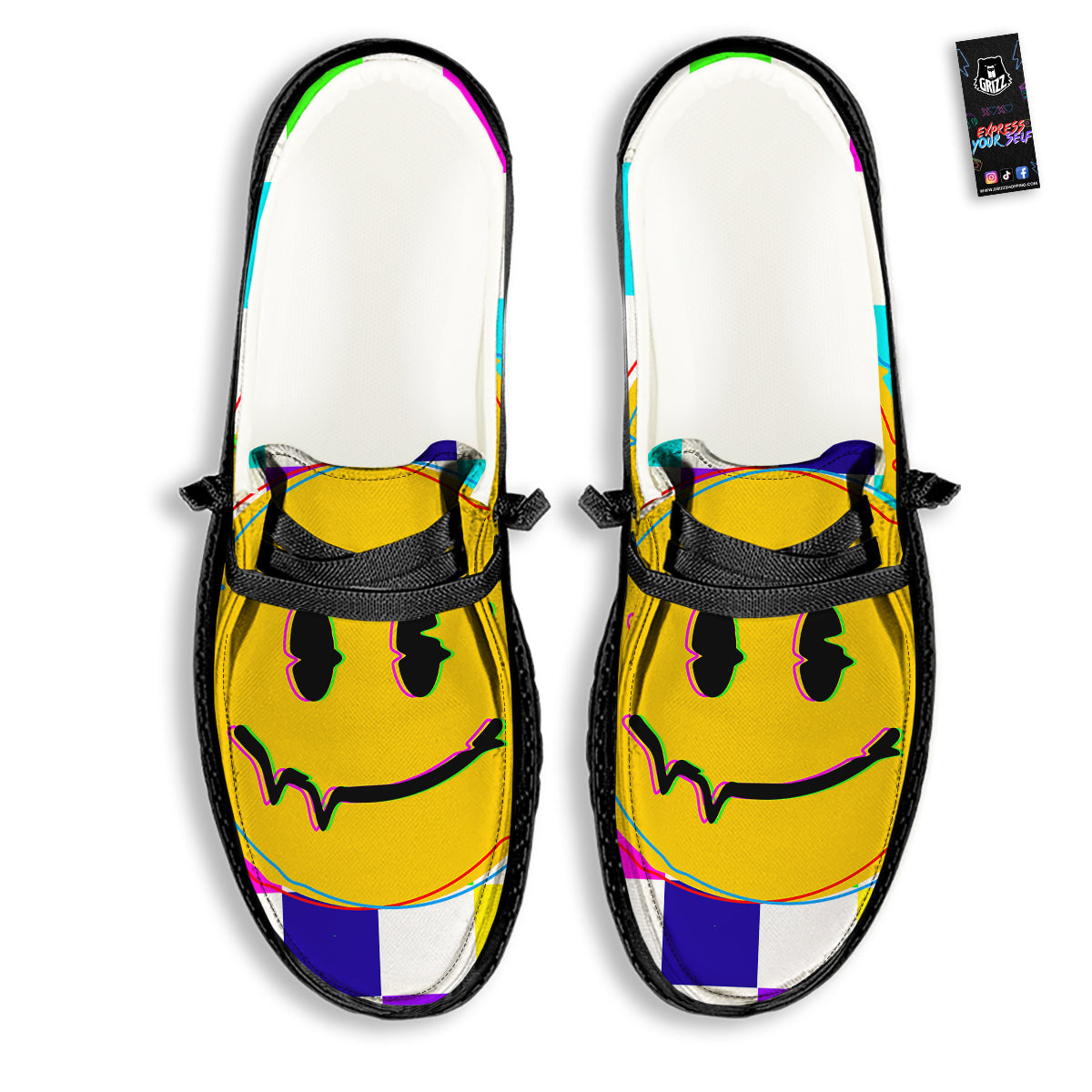 Funny Crazy Glitch And Checkered Neon Print Black Loafers-grizzshop