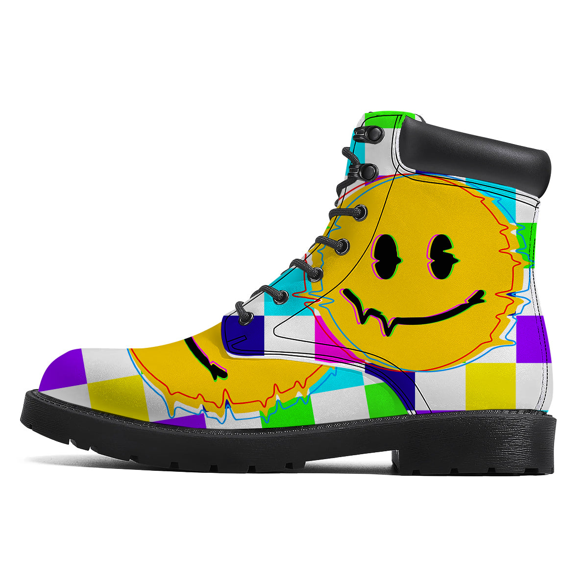 Funny Crazy Glitch And Checkered Neon Print Boots-grizzshop