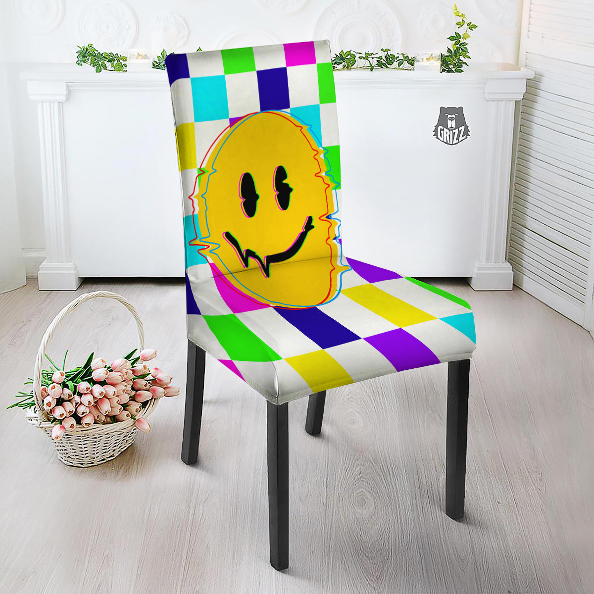 Funny Crazy Glitch And Checkered Neon Print Dining Chair Slipcover-grizzshop