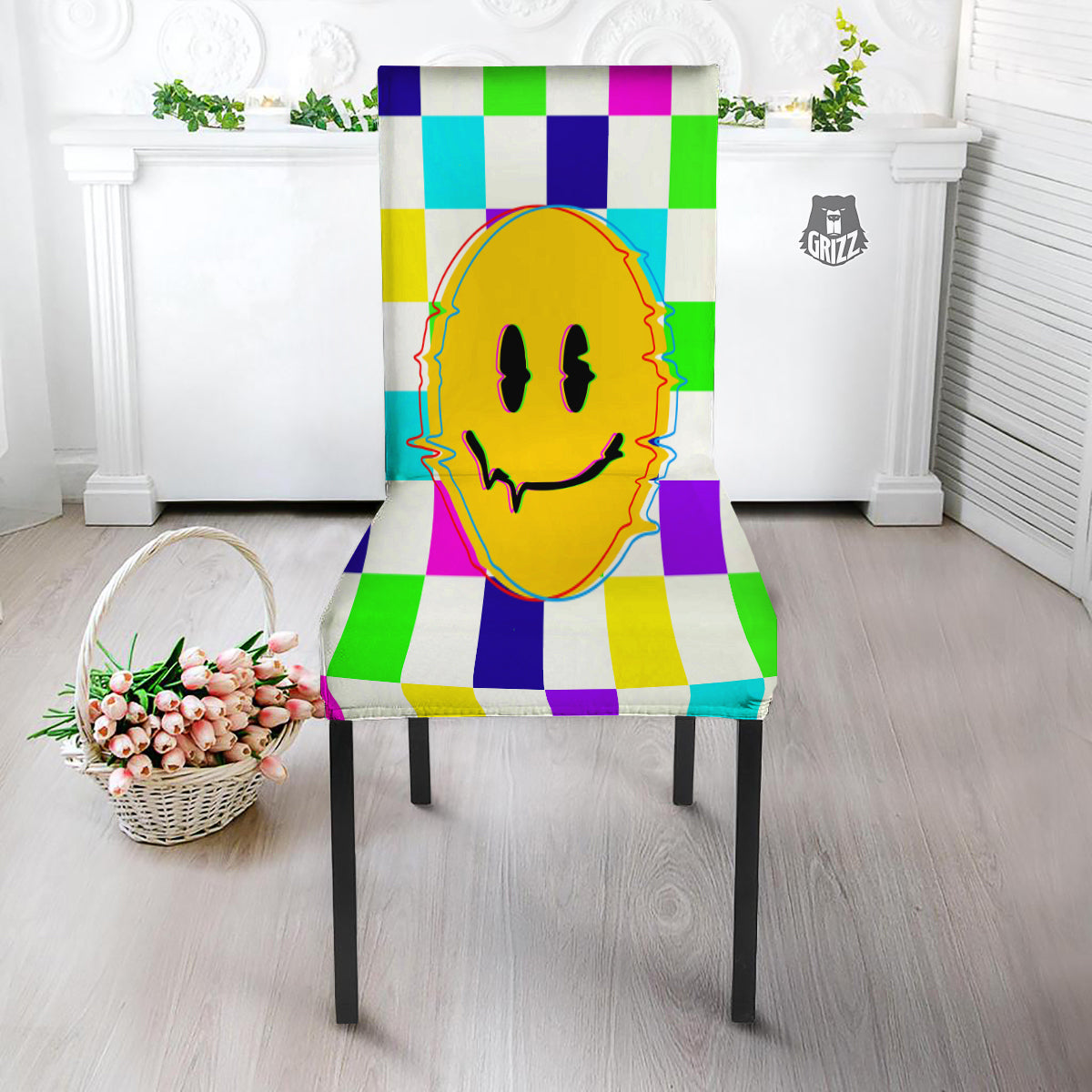 Funny Crazy Glitch And Checkered Neon Print Dining Chair Slipcover-grizzshop