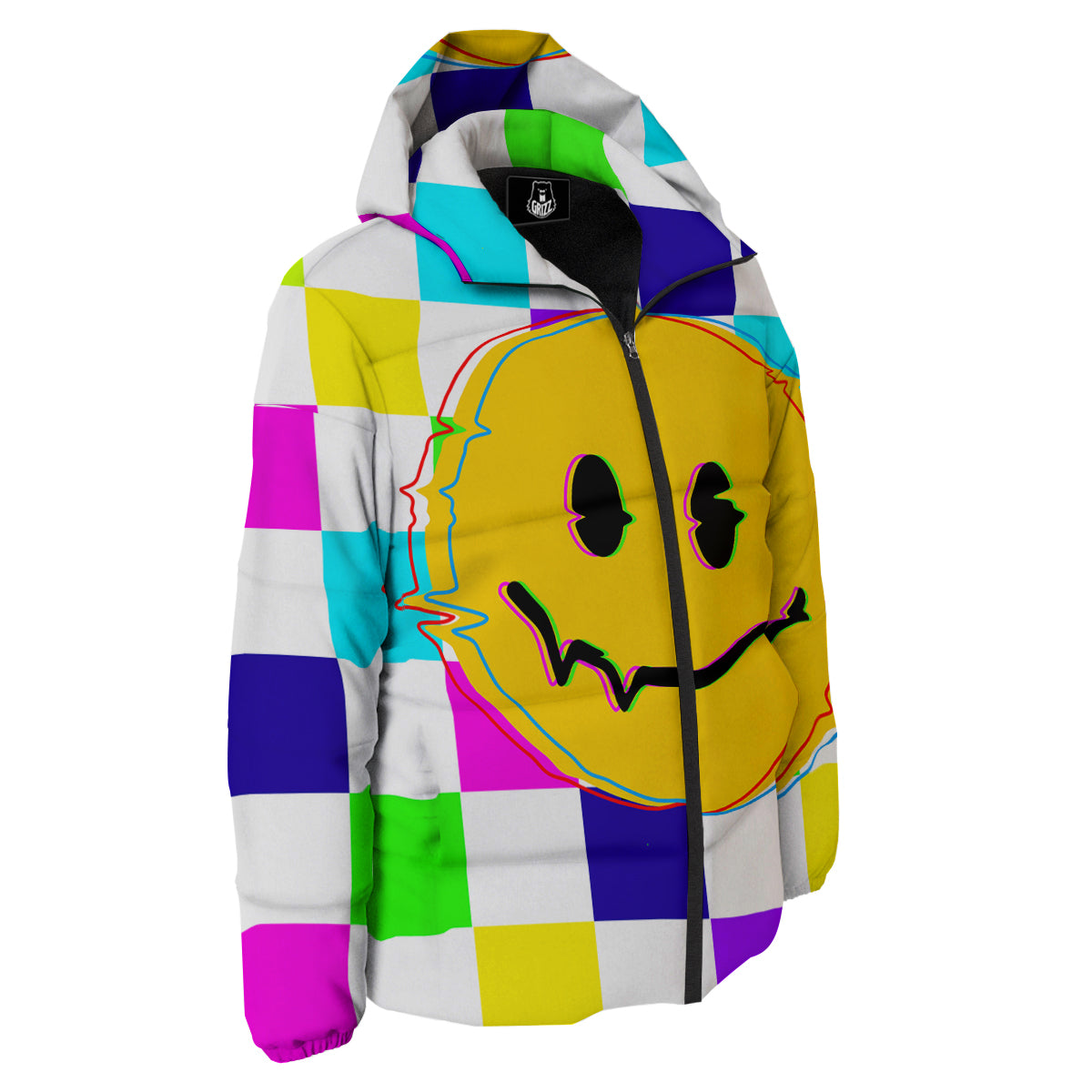 Funny Crazy Glitch And Checkered Neon Print Down Jacket-grizzshop