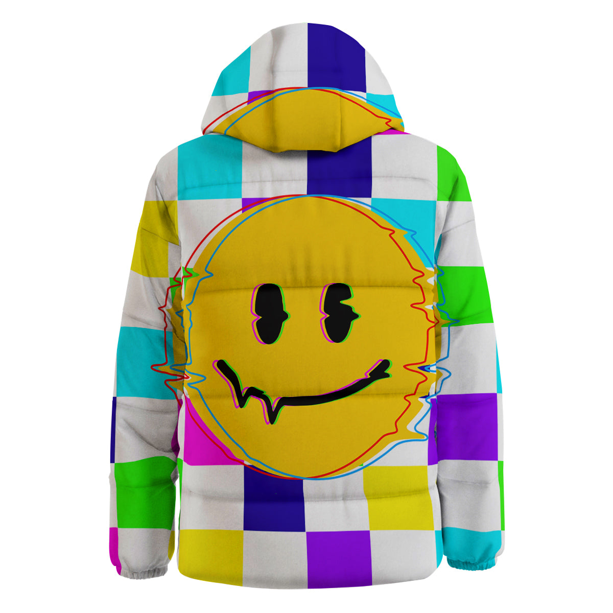 Funny Crazy Glitch And Checkered Neon Print Down Jacket-grizzshop