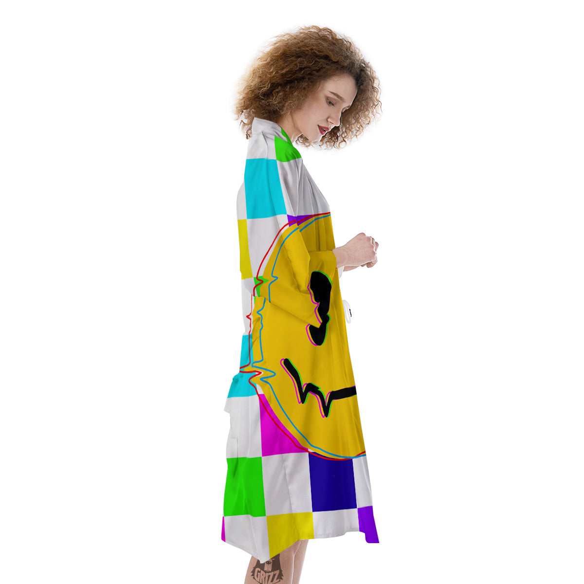 Funny Crazy Glitch And Checkered Neon Print Kimono-grizzshop