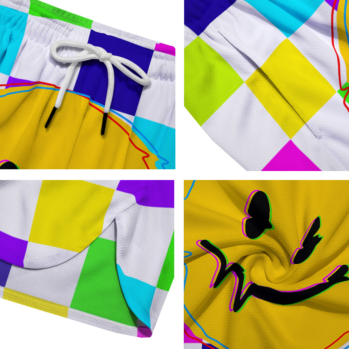 Funny Crazy Glitch And Checkered Neon Print Men's Running Shorts-grizzshop