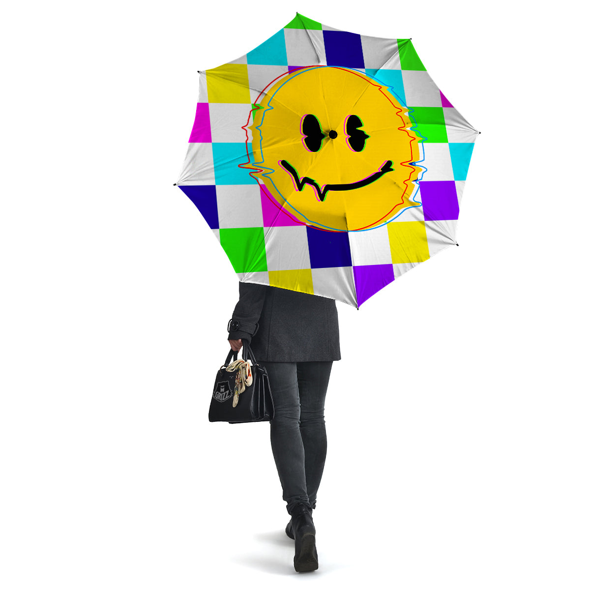 Funny Crazy Glitch And Checkered Neon Print Umbrella-grizzshop