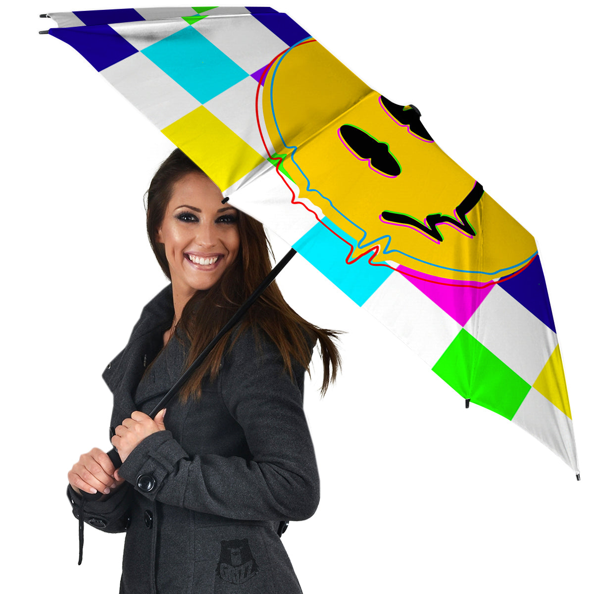 Funny Crazy Glitch And Checkered Neon Print Umbrella-grizzshop