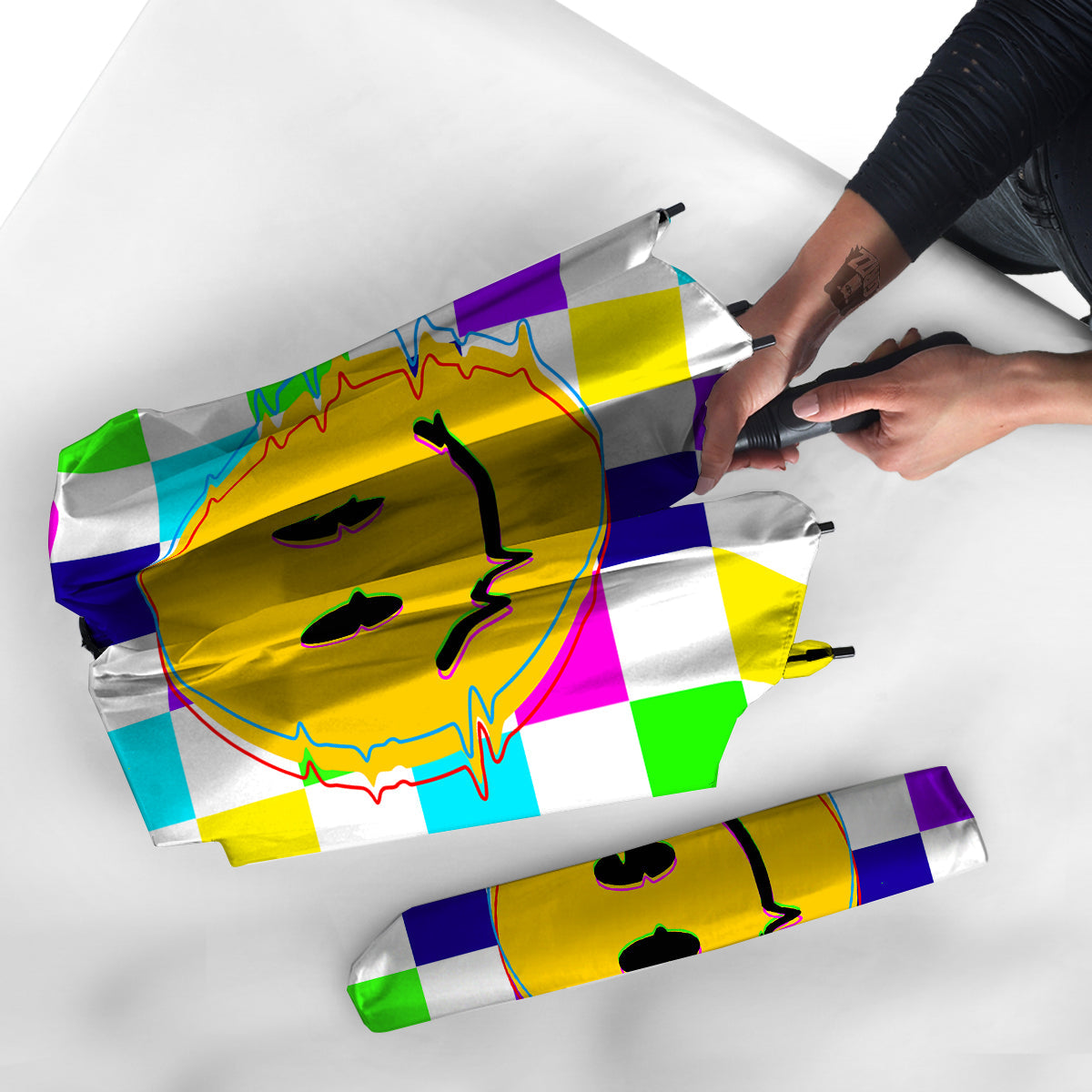 Funny Crazy Glitch And Checkered Neon Print Umbrella-grizzshop