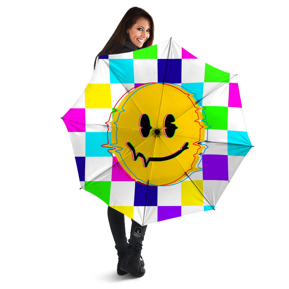 Funny Crazy Glitch And Checkered Neon Print Umbrella-grizzshop