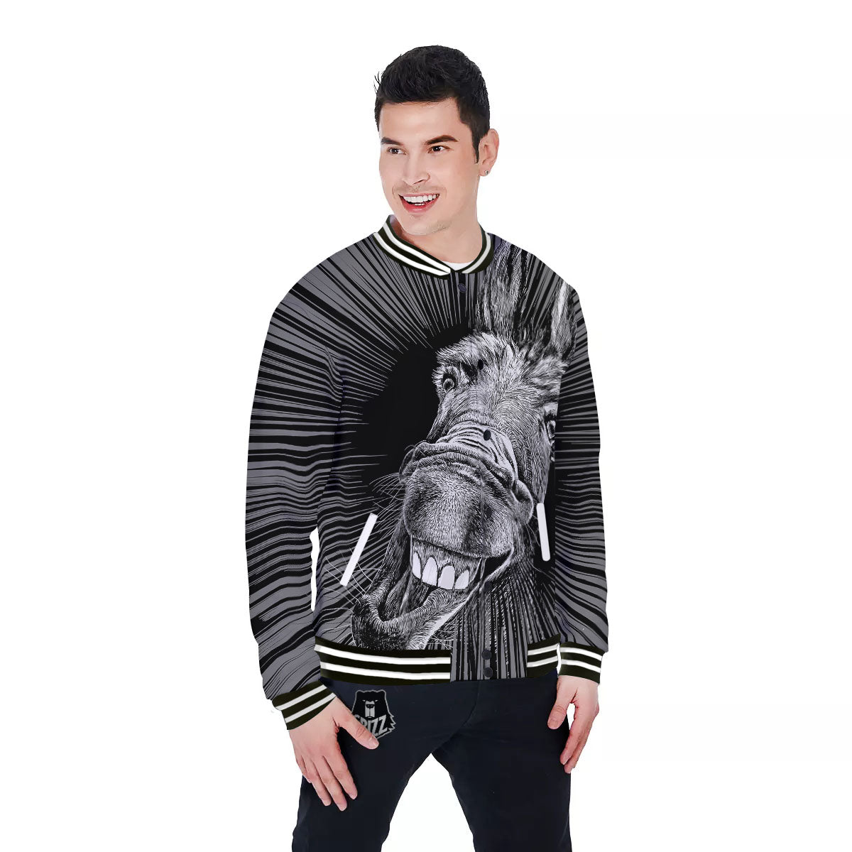 Funny Donkey White And Black Print Baseball Jacket-grizzshop