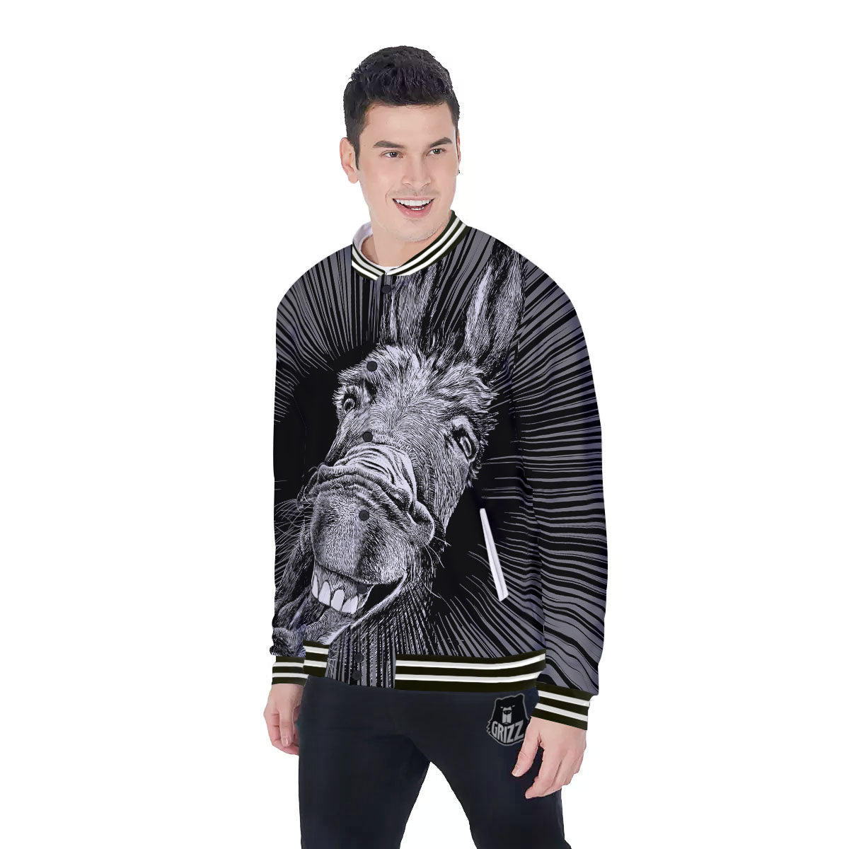 Funny Donkey White And Black Print Baseball Jacket-grizzshop