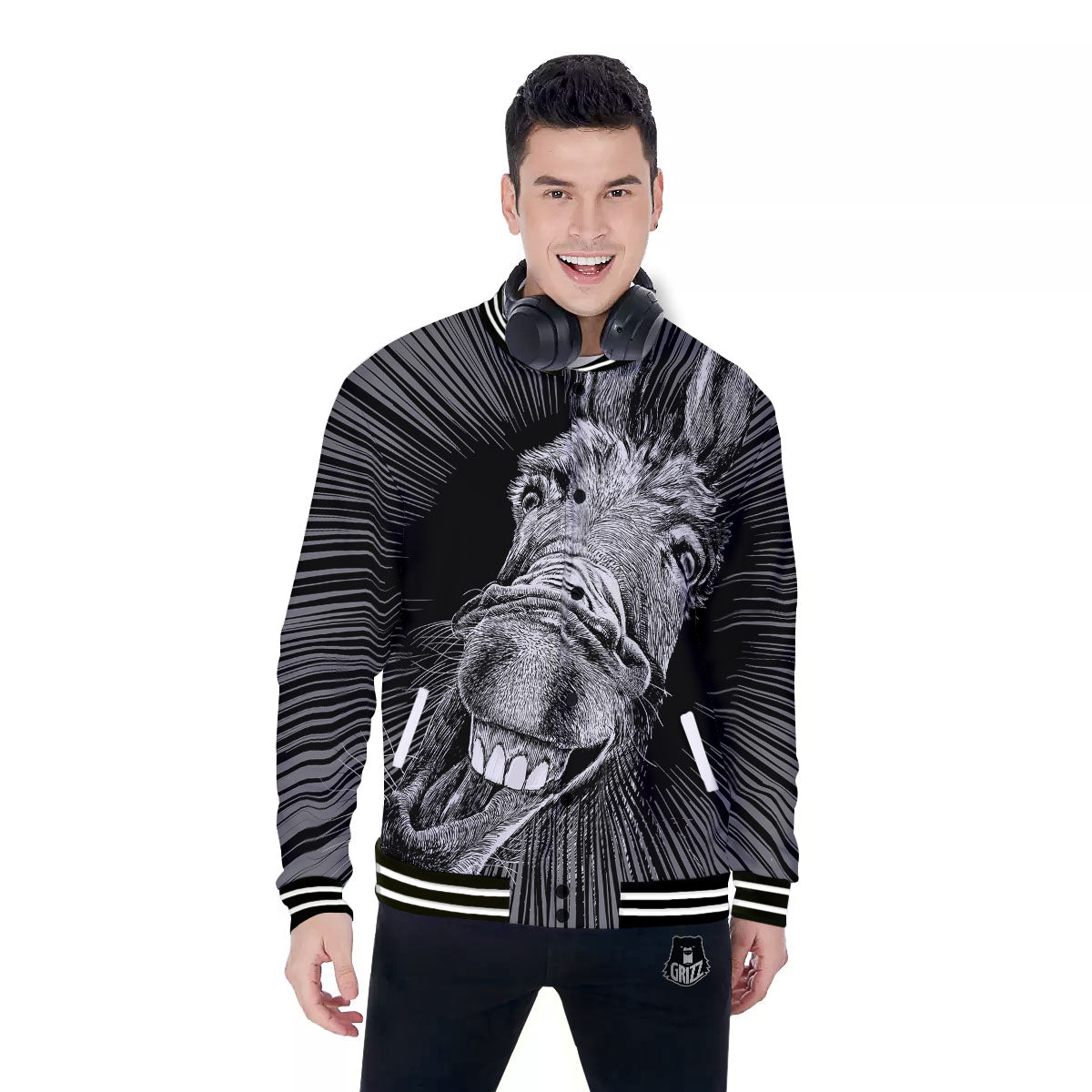 Funny Donkey White And Black Print Baseball Jacket-grizzshop