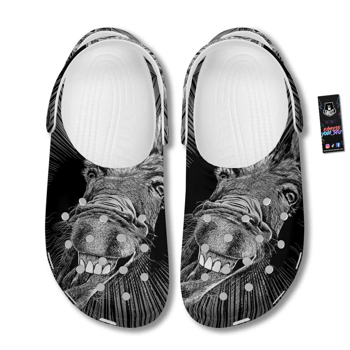 Funny Donkey White And Black Print Clog-grizzshop