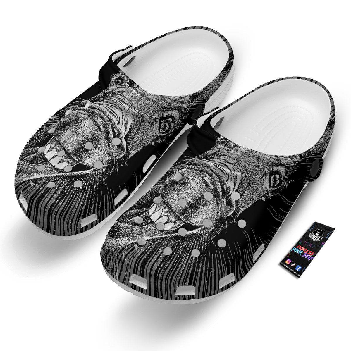 Funny Donkey White And Black Print Clog-grizzshop