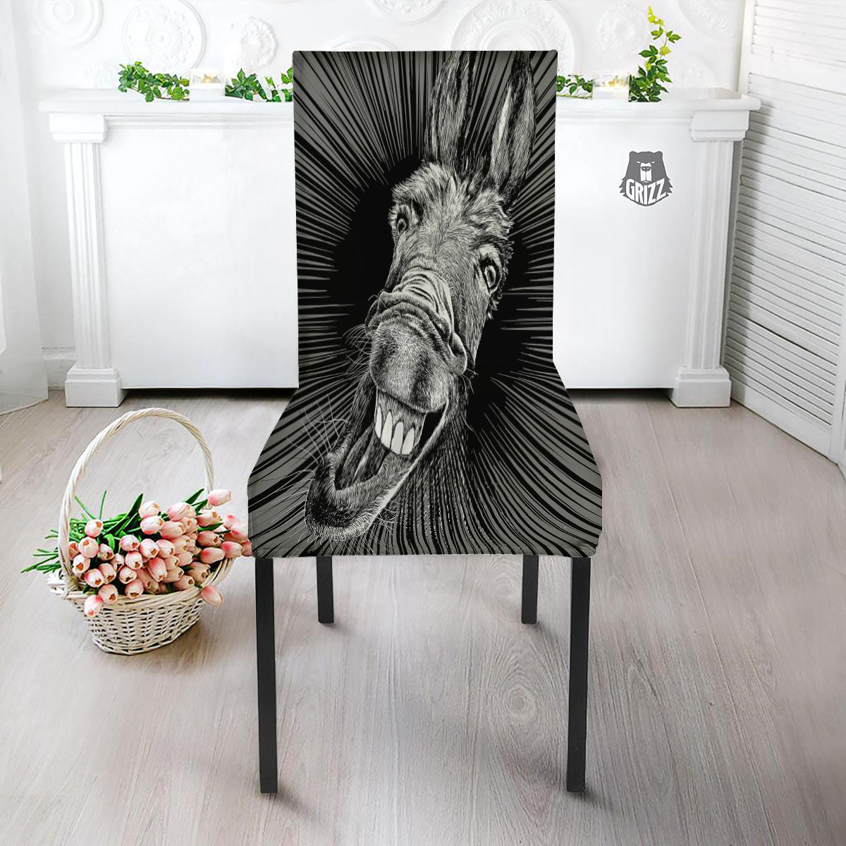 Funny Donkey White And Black Print Dining Chair Slipcover-grizzshop