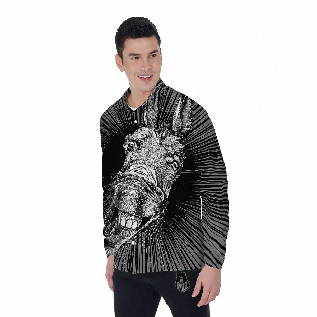 Funny Donkey White And Black Print Men's Long Sleeve Shirts-grizzshop