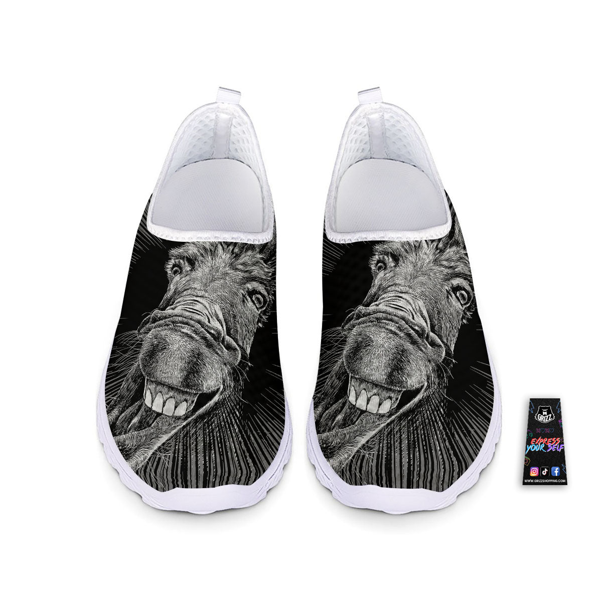 Funny Donkey White And Black Print Nurse Shoes-grizzshop