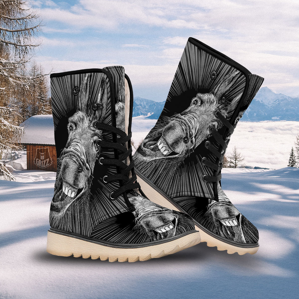 Funny Donkey White And Black Print Snow Boots-grizzshop