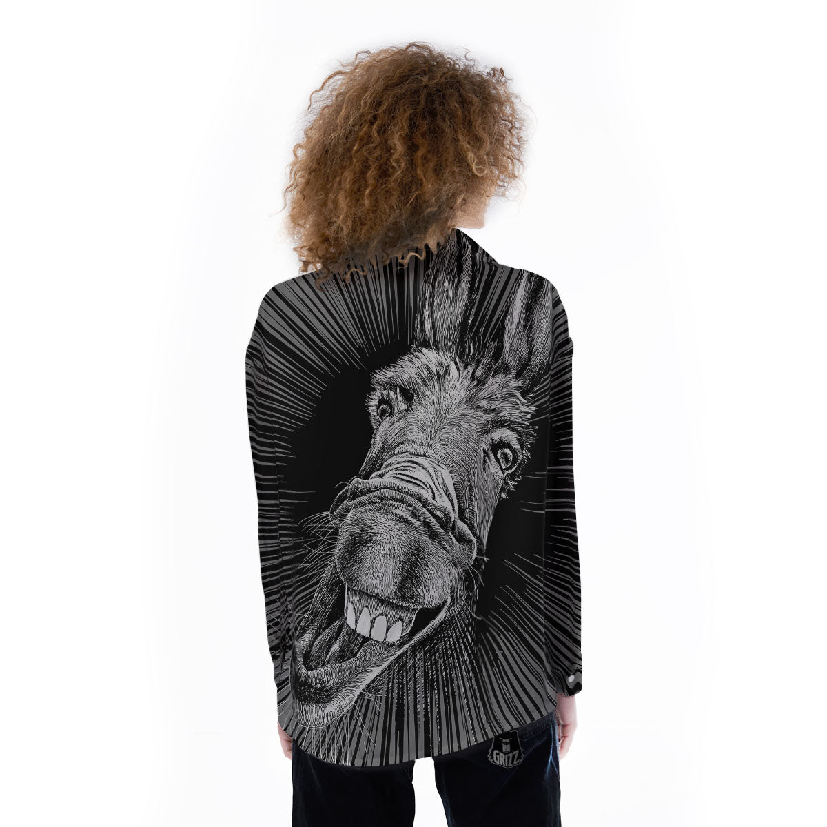 Funny Donkey White And Black Print Women's Long Sleeve Shirts-grizzshop