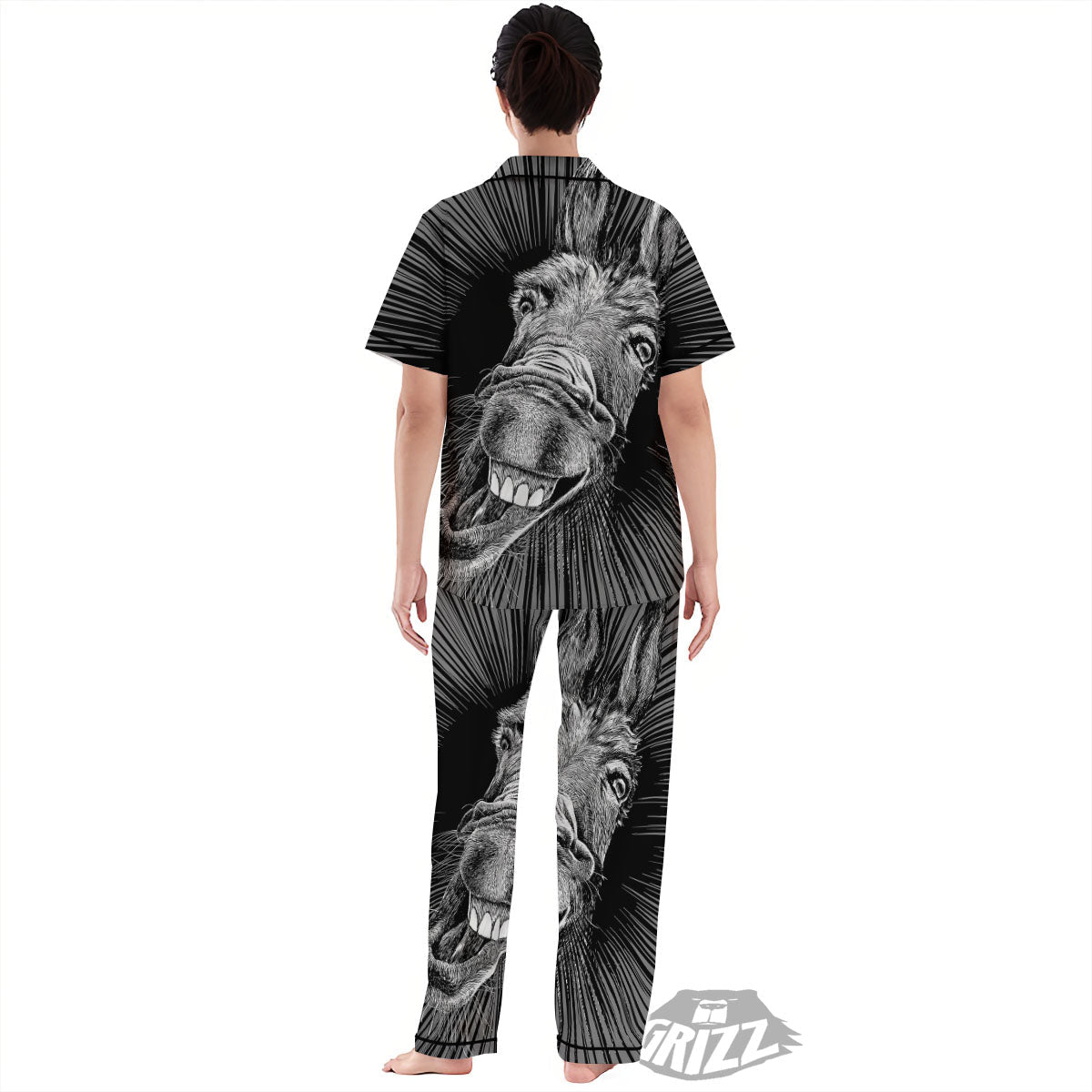 Funny Donkey White And Black Print Women's Pajamas Set-grizzshop