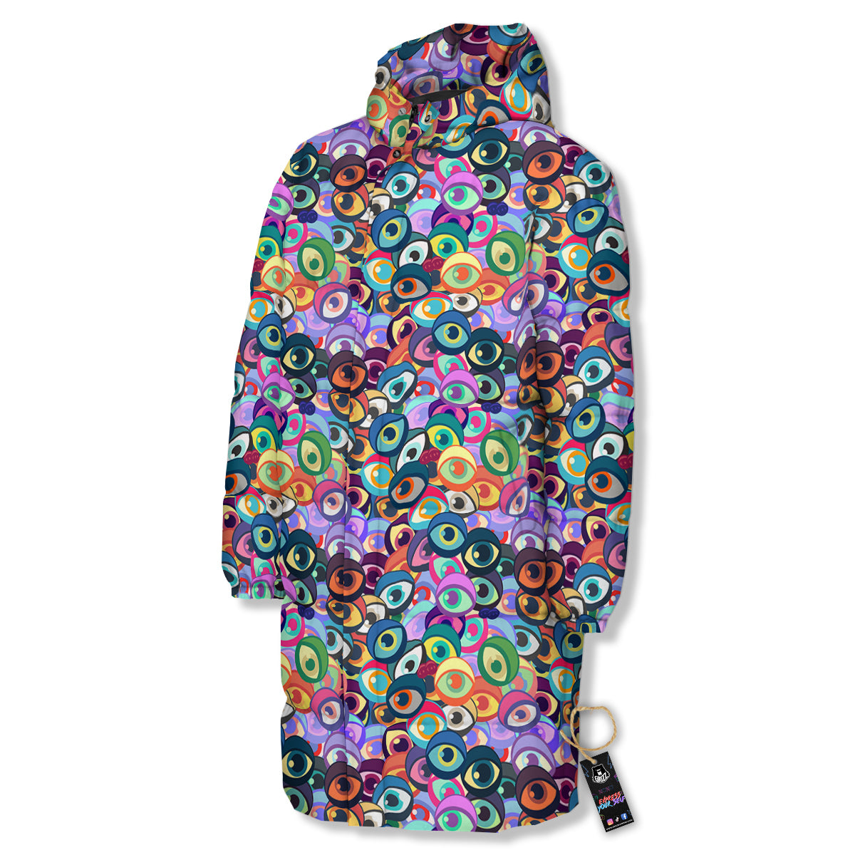 Funny Eyes Colorful Print Pattern Long Down Jacket-grizzshop