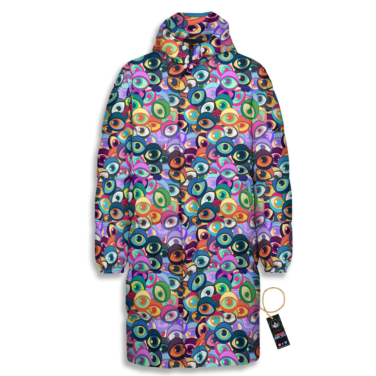 Funny Eyes Colorful Print Pattern Long Down Jacket-grizzshop