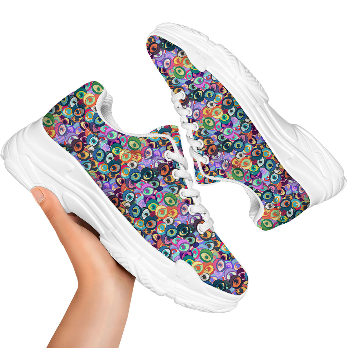 Funny Eyes Colorful Print Pattern White Chunky Shoes-grizzshop