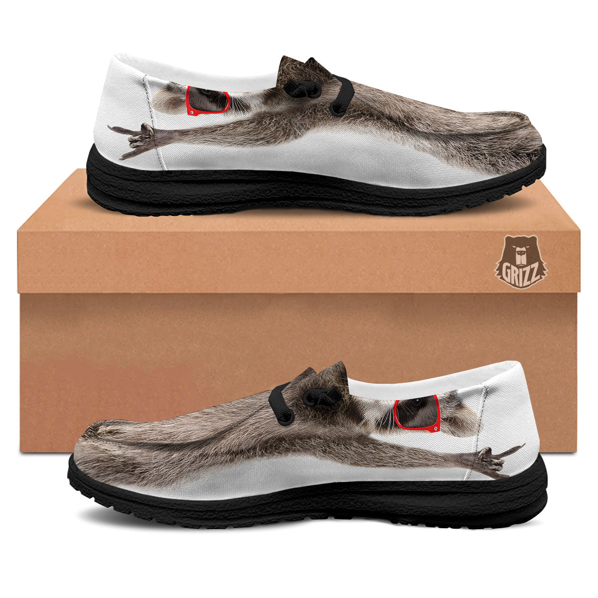 Funny Raccoon Print Black Loafers-grizzshop