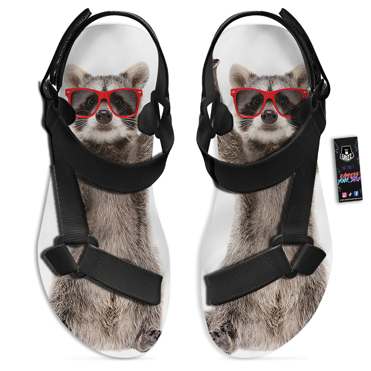 Funny Raccoon Print Black Open Toe Sandals-grizzshop