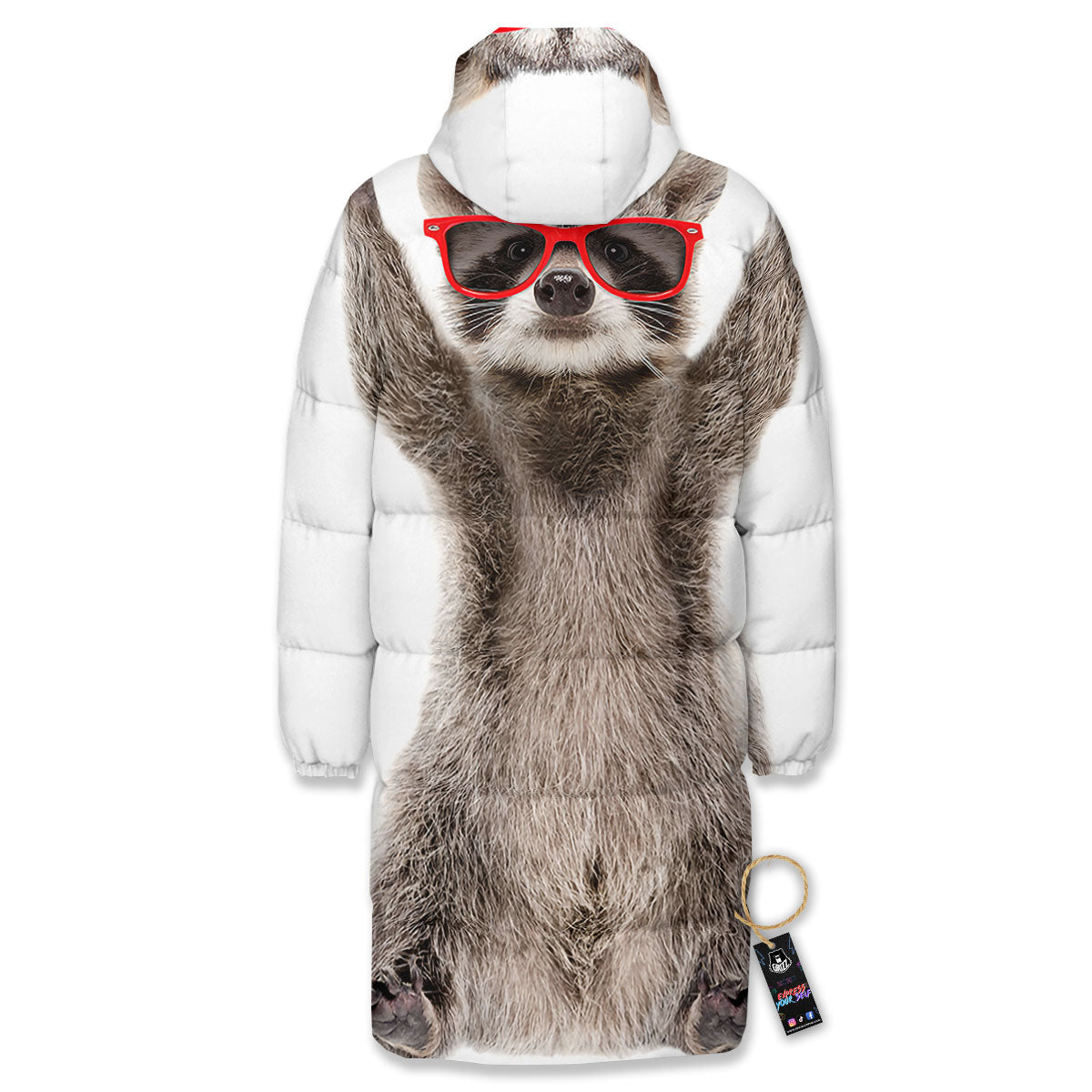 Funny Raccoon Print Long Down Jacket-grizzshop