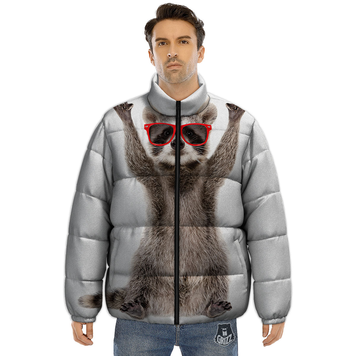 Funny Raccoon Print Puffer Jacket-grizzshop